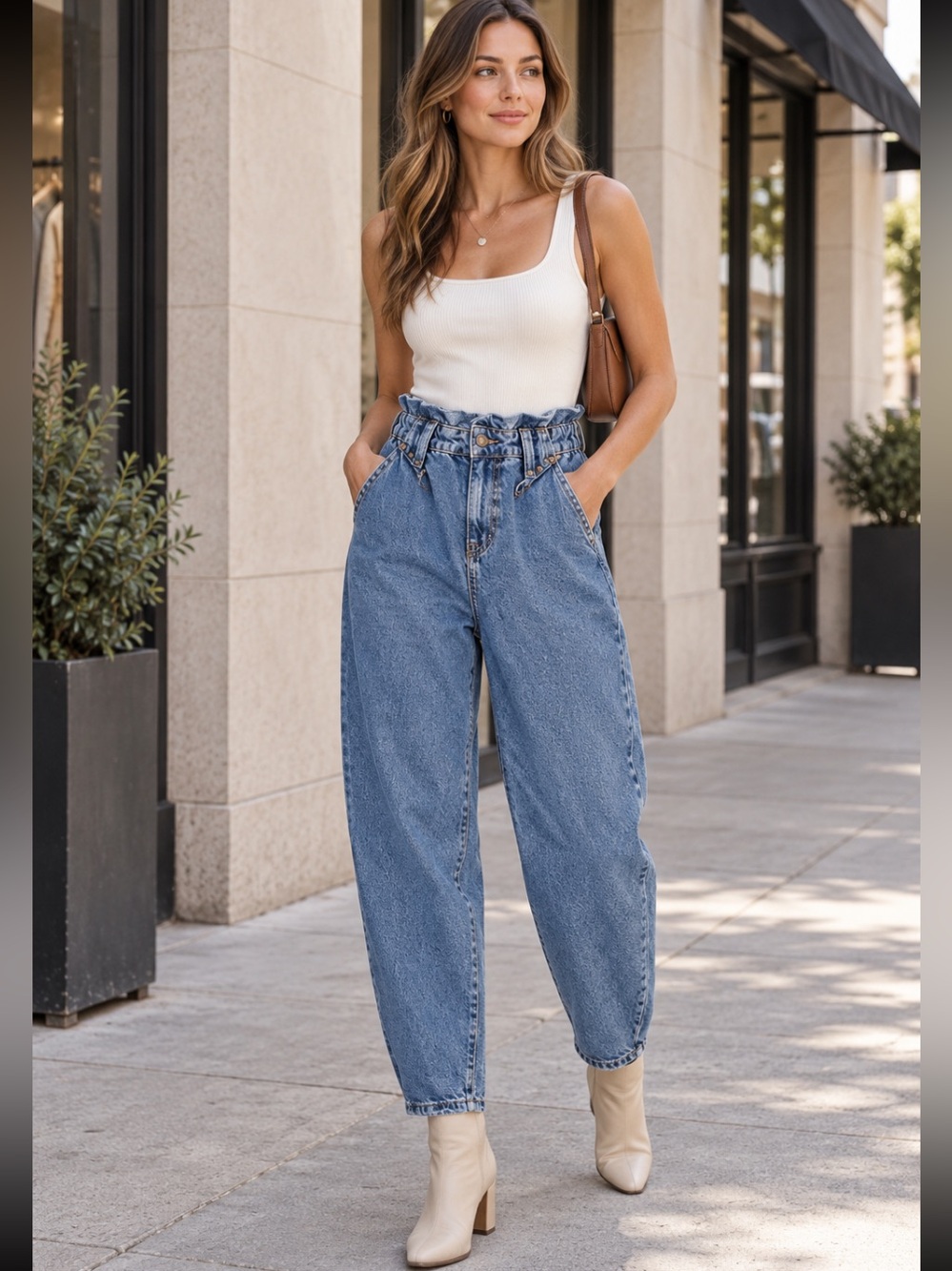 Zara High Rise Paper bag Waist Balloon Jeans Blue Size 8
